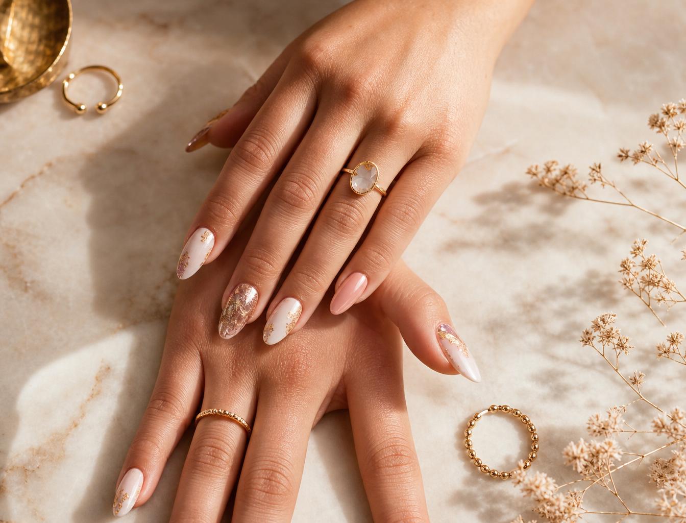Elegant salon-quality nail art on a warm cream background